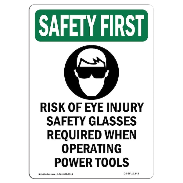 OSHA Sign, Risk Of Eye Injury W/ Symbol, 24in X 18in Rigid Plastic, 18" W, 24" L, Portrait